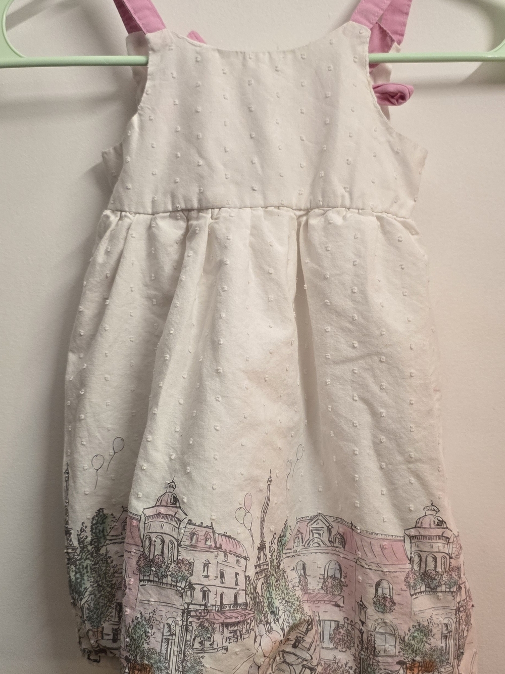 Picapino Girls White Dress with Pink Bows and Pastel City Print